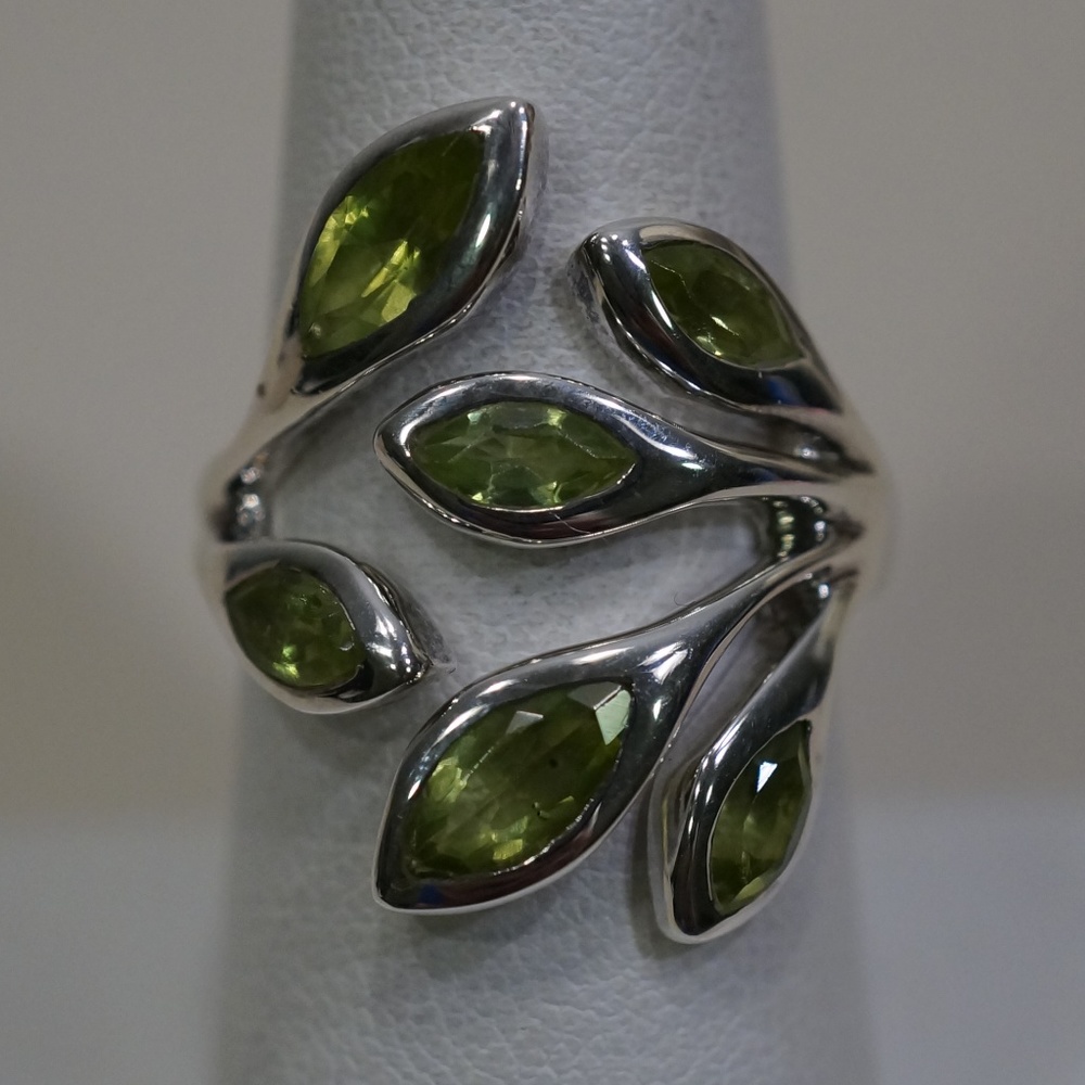 Sterling Silver Green Peridot Leaf Cluster Ring